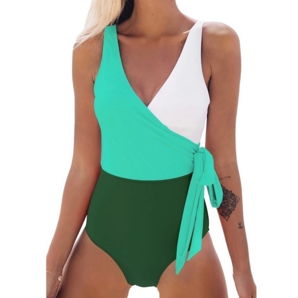 CUPSHE Women's One Piece Swimsuit Wrap Color Block‎ Tie Side Bathing Suit NWT L